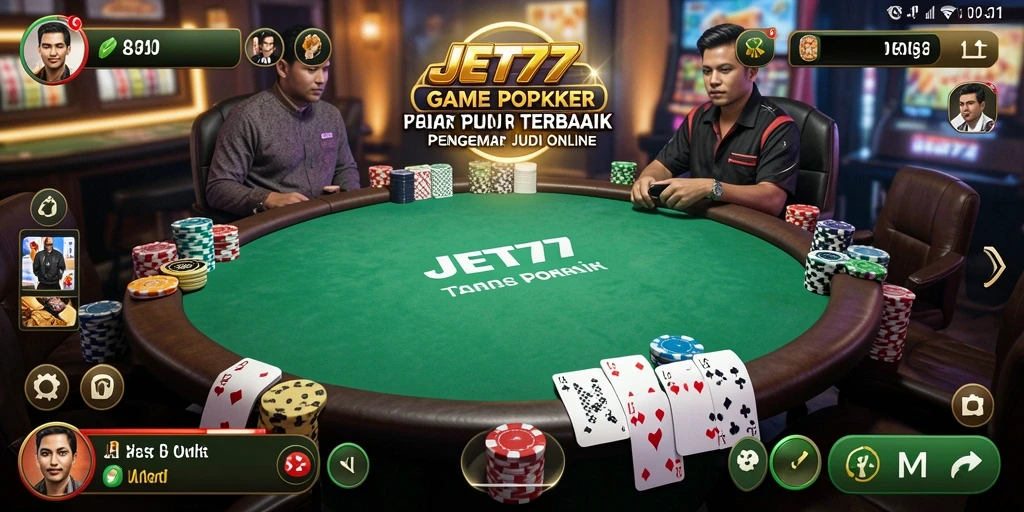 Gameplay poker yang mendebarkan di aplikasi JET77 dengan antarmuka yang menarik.